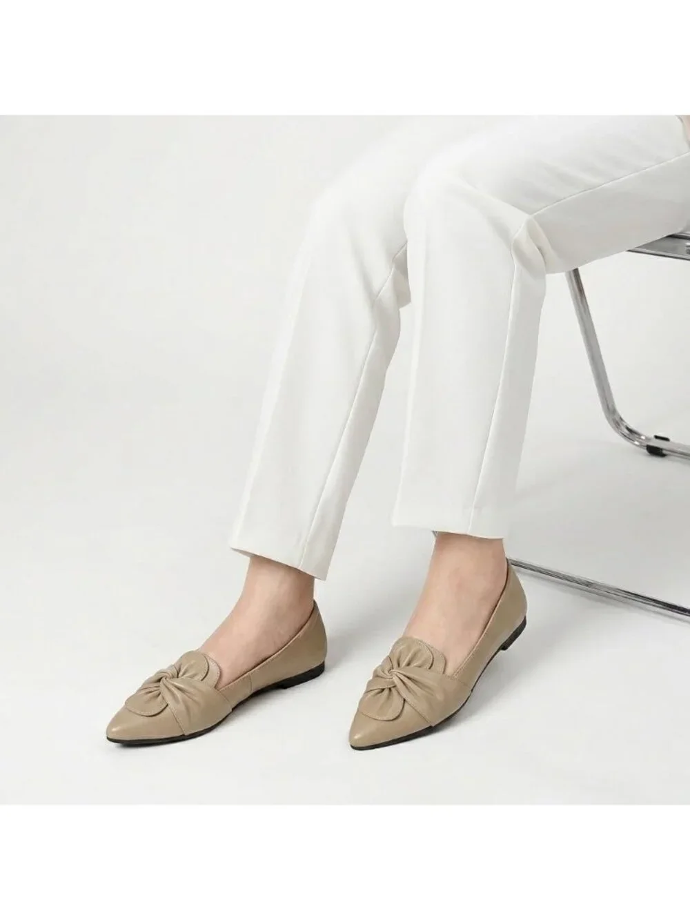 Women's Nude Soft PU Leather Pointed Toe Ballet Flat Non-Slip Rubber Sole Shoes